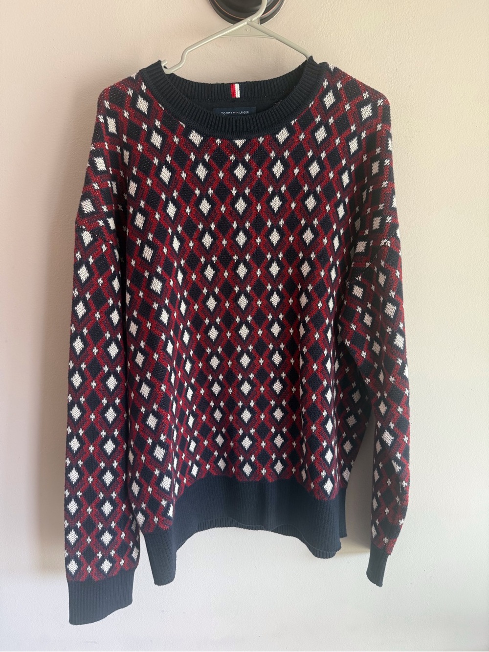 Tommy Hilfiger Men’s Red and Black Diamond-Pattern Crewneck Sweater